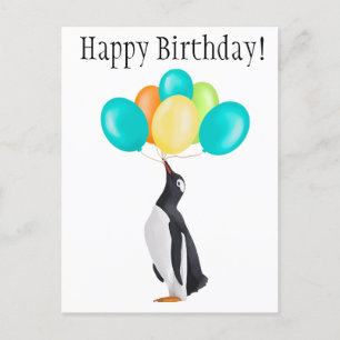 Penguin With Colourful Balloons - Happy Birthday! Postcard
