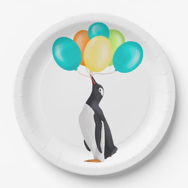 Penguin With Colourful Balloons Paper Plate (Front)