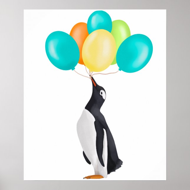 Penguin With Colourful Balloons Poster (Front)