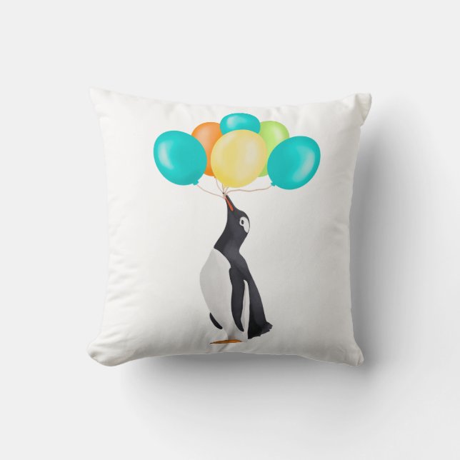 Penguin With Colourful Balloons Throw Pillow (Front)