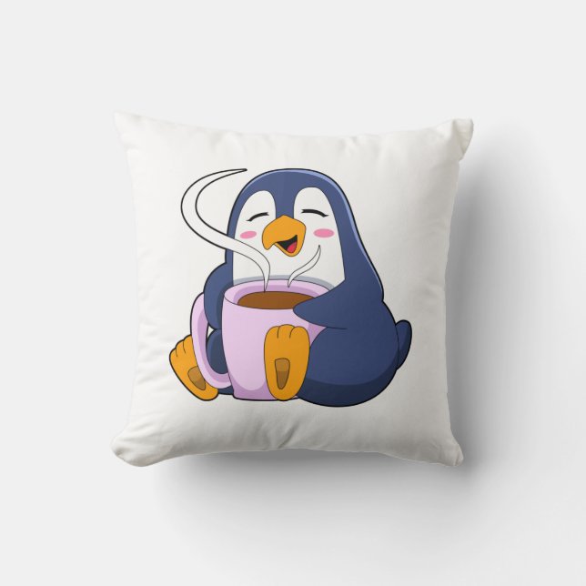 Penguin with Cup of Coffee Throw Pillow (Front)