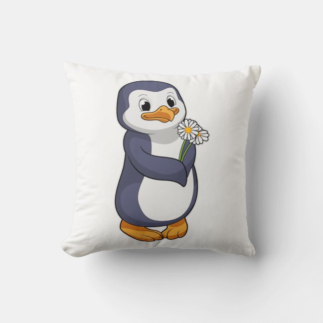Penguin with Daisy Throw Pillow (Front)