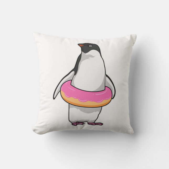 Penguin with Doughnut Throw Pillow (Front)