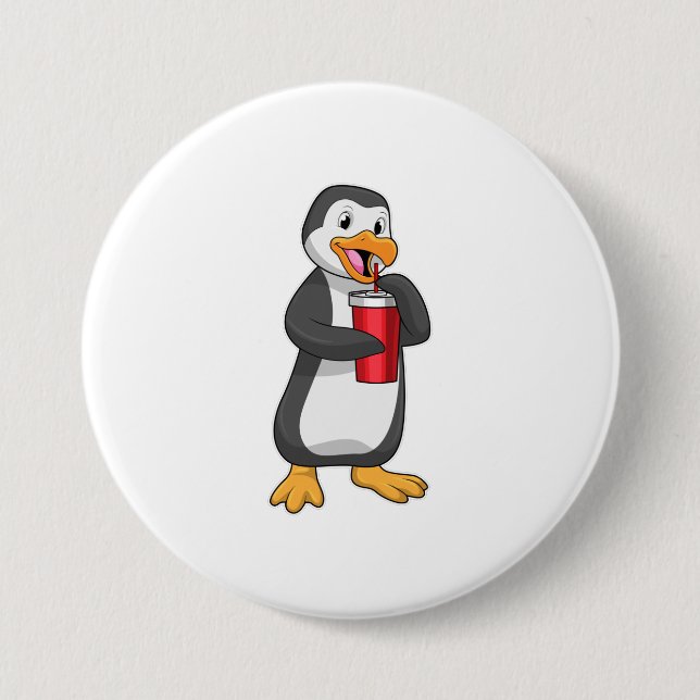 Penguin with Drinking cup with Straw 3 Inch Round Button (Front)