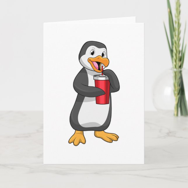 Penguin with Drinking cup with Straw Card (Front)