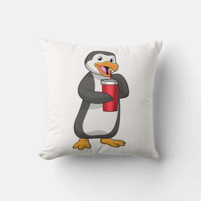 Penguin with Drinking cup with Straw Throw Pillow (Front)
