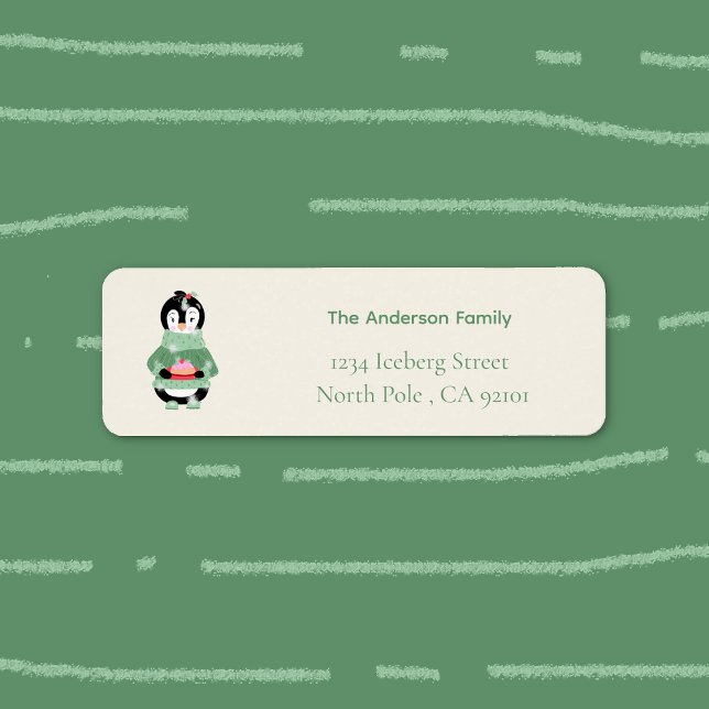 Penguin with Figgy Pudding Return Address Label (Festive Holiday return address label featuring a cartoon penguin holding a figgy pudding . )