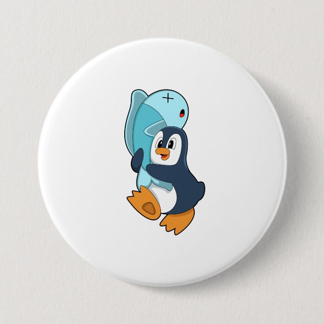 Penguin with Fish 3 Inch Round Button (Front)