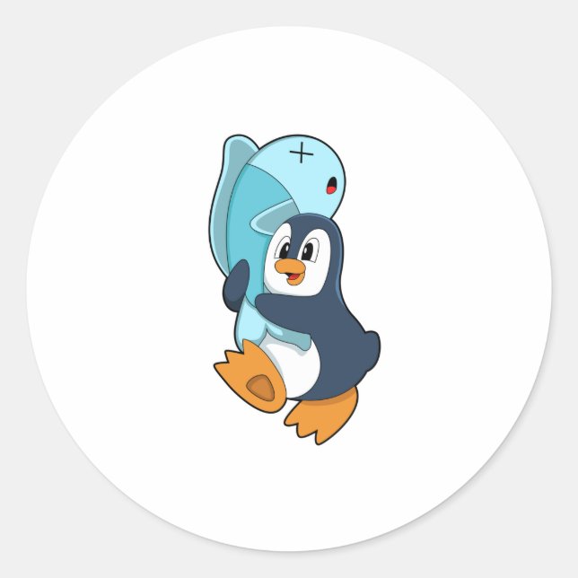 Penguin with Fish Classic Round Sticker (Front)