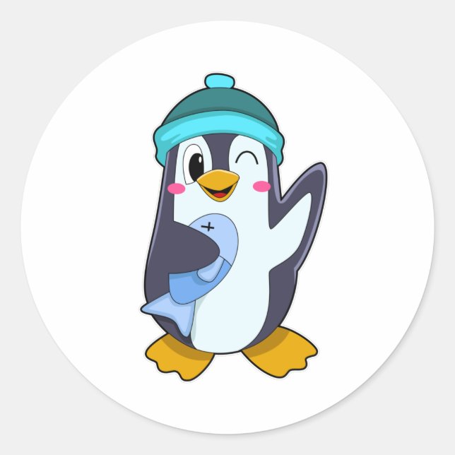 Penguin with Fish & Hat Classic Round Sticker (Front)