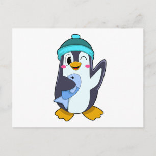 Penguin with Fish & Hat Postcard