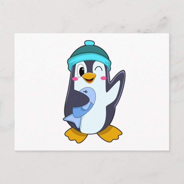 Penguin with Fish & Hat Postcard (Front)