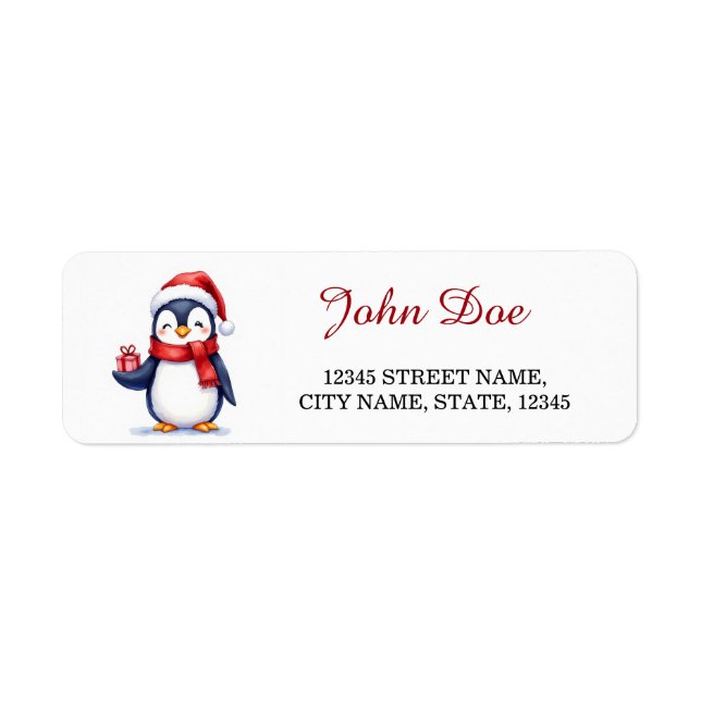 Penguin with Gift Box Christmas Return Address (Front)