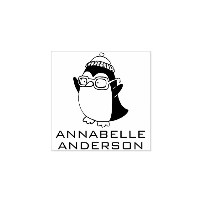 Penguin with Glasses Personalize Rubber Stamp (Imprint)