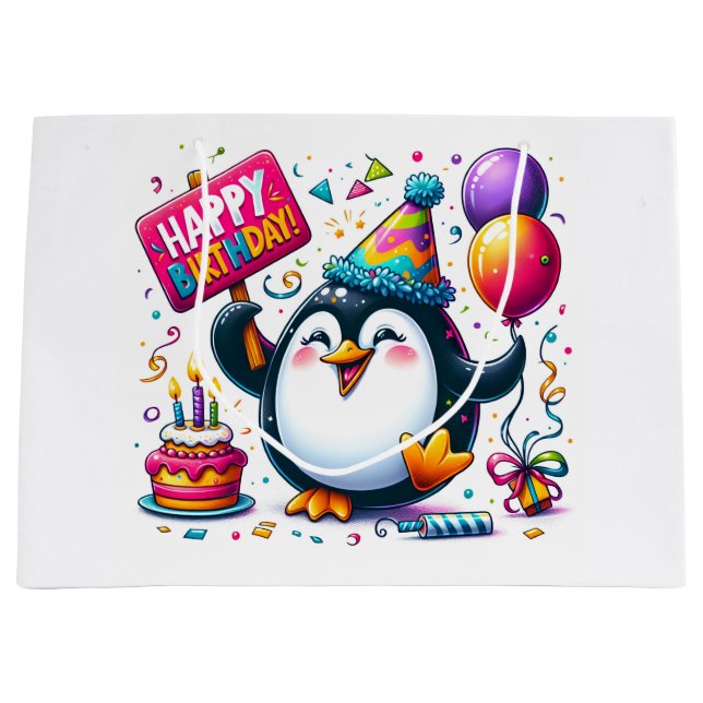 Penguin with "Happy Birthday" Sign by Natasha Us   Large Gift Bag (Front)
