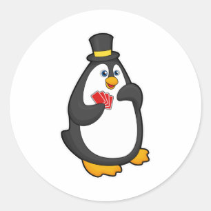 Penguin with Hat at Poker with Poker cards Classic Round Sticker