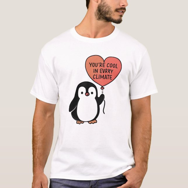 Penguin with Heart Balloon – Cool Design T-Shirt (Front)