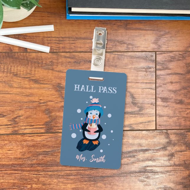 Penguin with Hot Cocoa Winter Blue Hall Pass Badge (Cute winter blue vertical student hall pass with a cartoon penguin holding a cup of hot cocoa . )