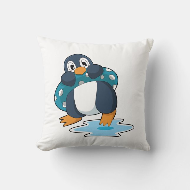 Penguin with Lifebuoy Throw Pillow (Front)