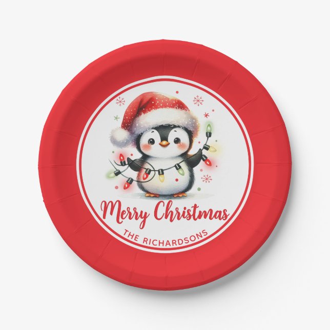 Penguin with Lights White and Red Merry Christmas Paper Plate (Front)