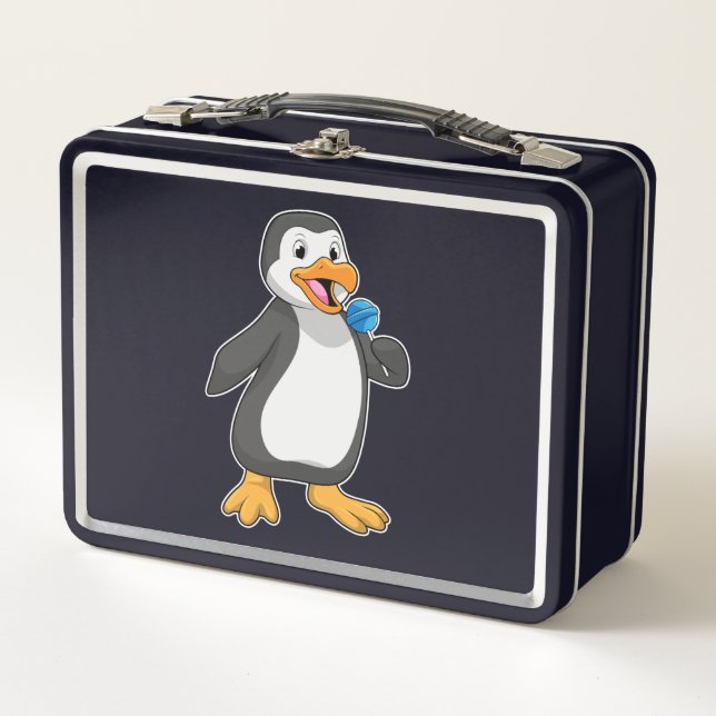 Penguin with Lollipop Sweets Metal Lunch Box (Front)
