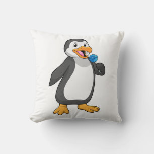 Penguin with Lollipop Sweets Throw Pillow