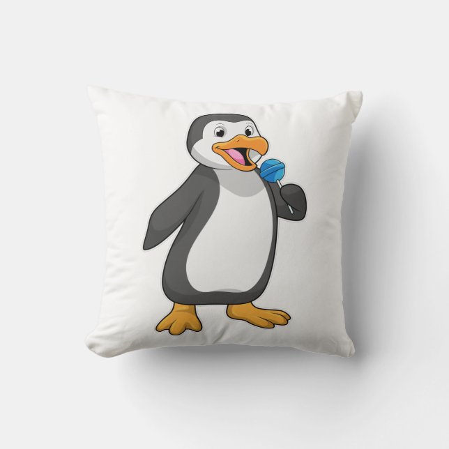 Penguin with Lollipop Sweets Throw Pillow (Front)