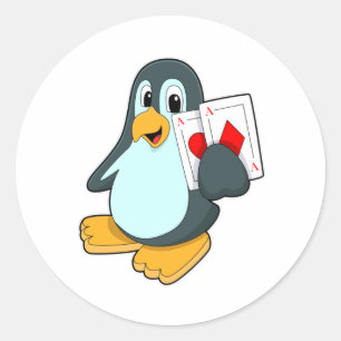Penguin with Poker cards Classic Round Sticker
