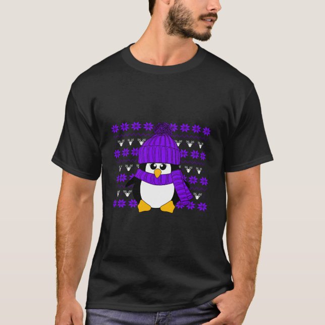Penguin With Purple Hat And Scarf Ugly Christmas S T-Shirt (Front)