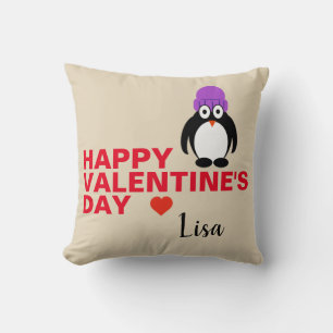 Penguin With Purple Hat Valentine's Day Throw Pillow