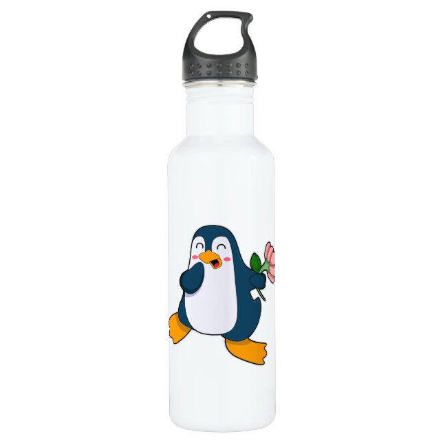 Penguin with rosa Flower 710 Ml Water Bottle (Front)