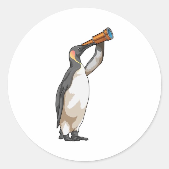 Penguin with Telescope Classic Round Sticker (Front)