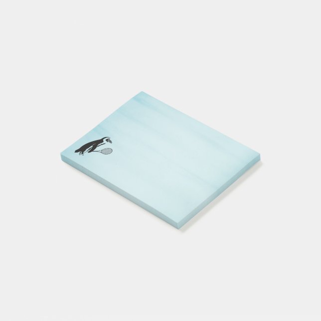 Penguin With Tennis Racket on Blue Background Post-it Notes (Angled)