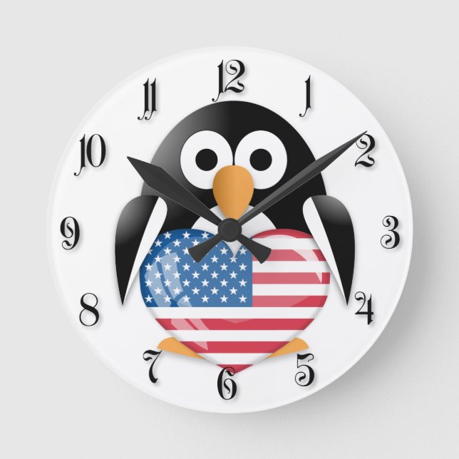 Penguin with USA flag Round Clock (Front)