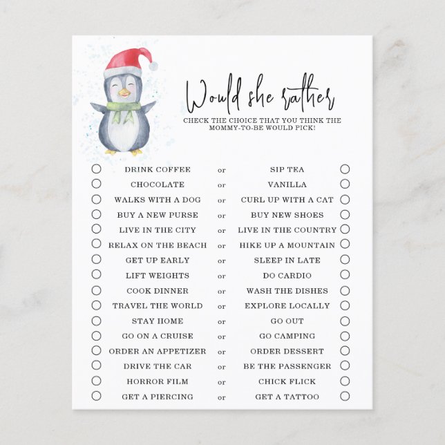 Penguin - Would she rather - baby shower game (Front)
