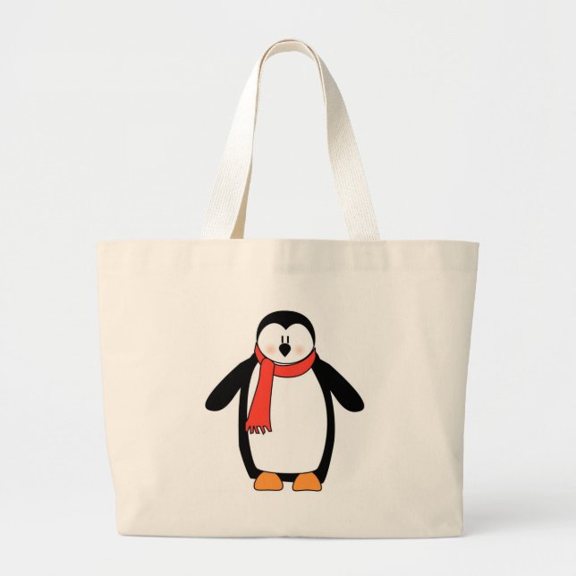 Penguin Wrapped in Red Scarf Large Tote Bag (Front)