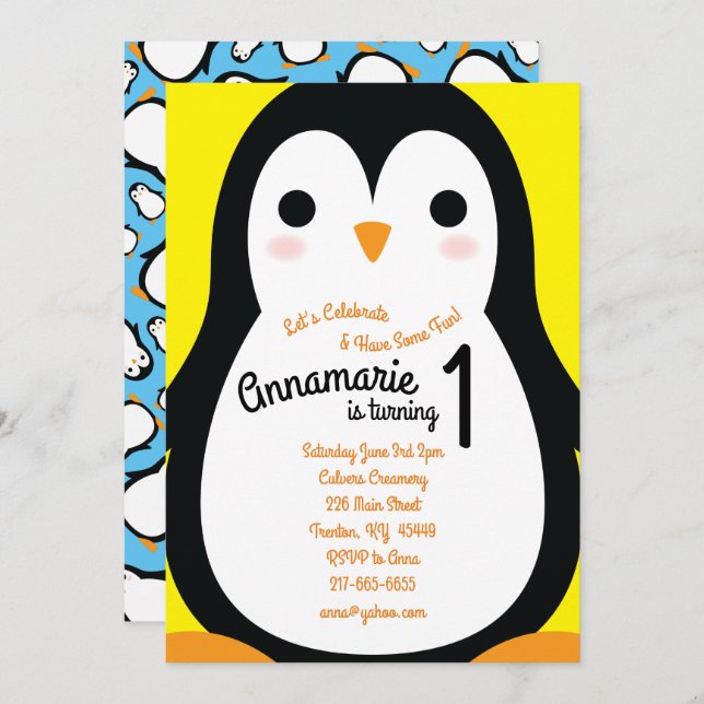 Penguins 1st Birthday Cute Winter Invitations (Front/Back)