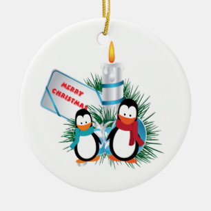 Penguins and candle Christmas custom Ceramic Ornament