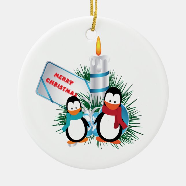 Penguins and candle Christmas custom Ceramic Ornament (Front)