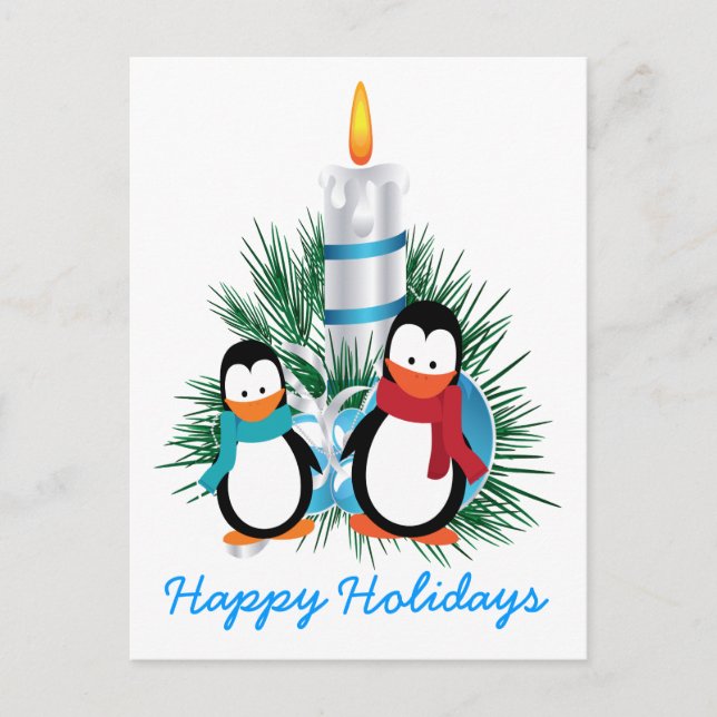 Penguins and candle Christmas custom Holiday Postcard (Front)