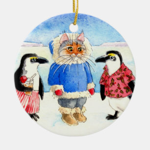 Penguins and Cat Christmas ornament