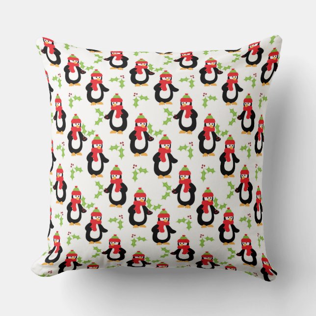 Penguins and Holly Leaves Christmas Pillows (Front)
