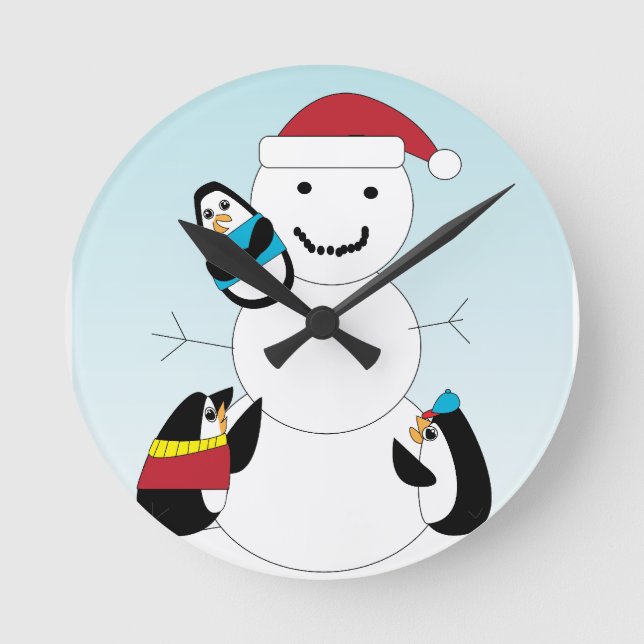 Penguins and Snow Man Round Clock (Front)