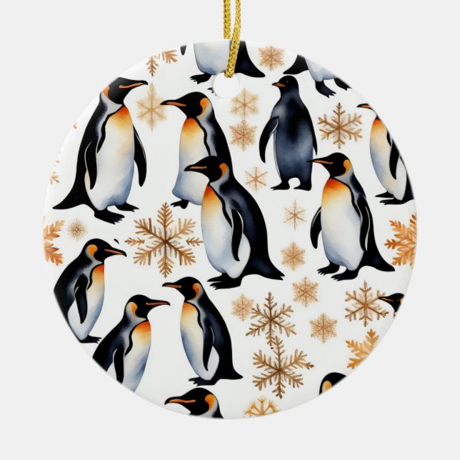 Penguins and Snowflakes Christmas and New Year Ceramic Ornament (Front)