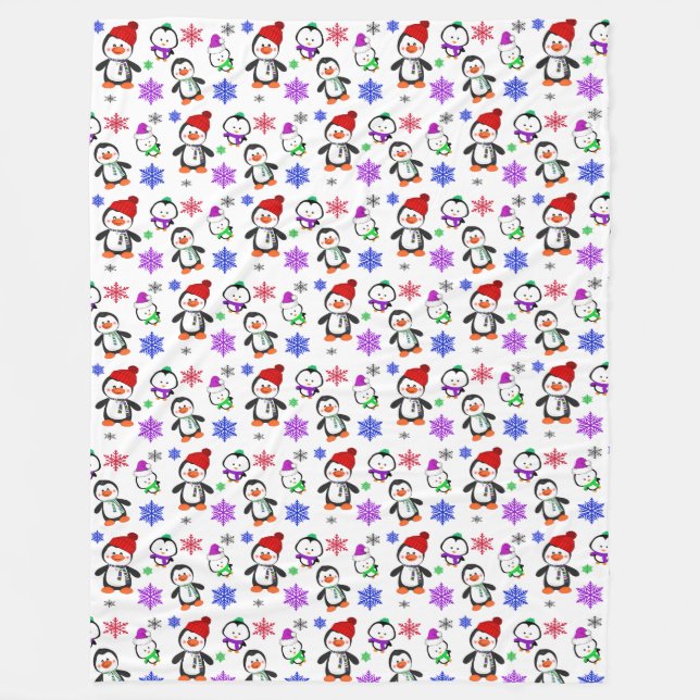 Penguins and Snowflakes Christmas Holiday Fleece Blanket (Front)