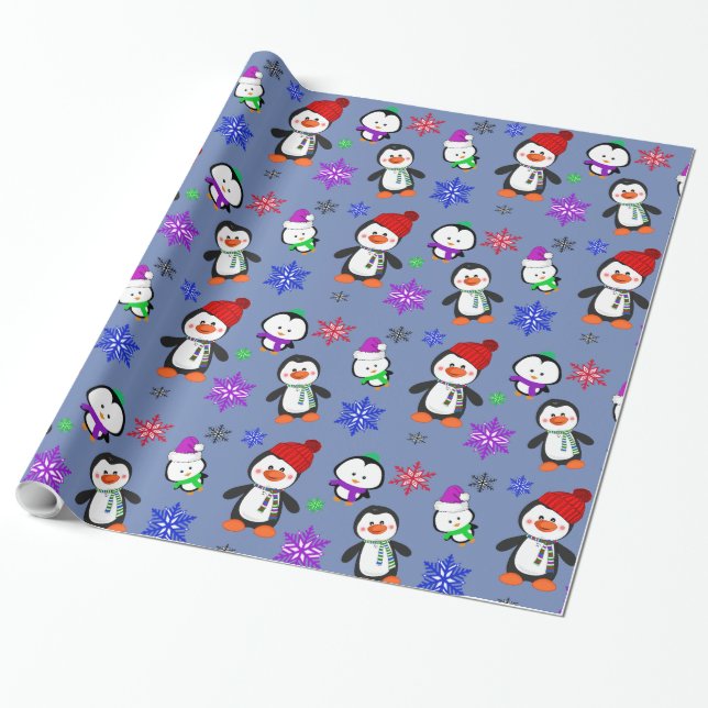 Penguins and Snowflakes Cute Christmas Wrapping Paper (Unrolled)