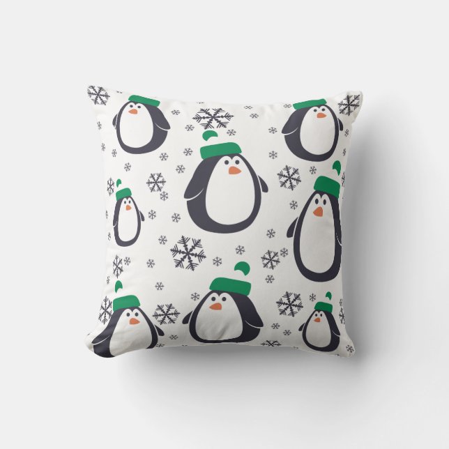 Penguins and Snowflakes Holiday Pillow (Front)