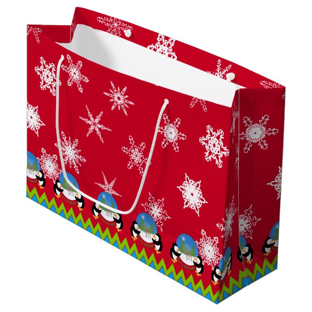 Penguins and Snowglobes, Christmas Gift Bag (Front Angled)