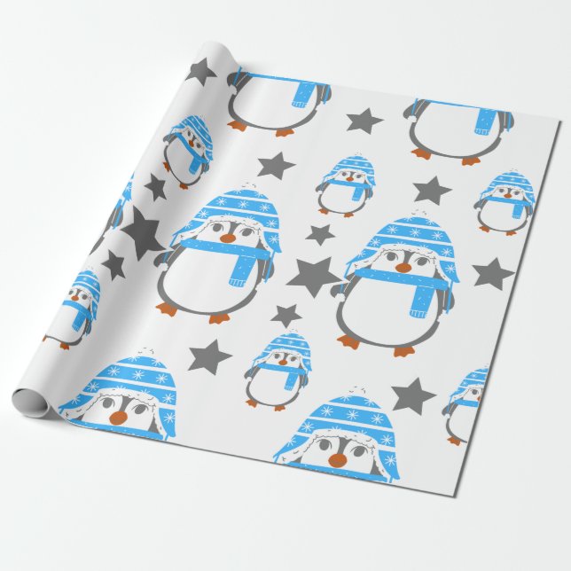 Penguins and stars fun blue wrapping paper (Unrolled)