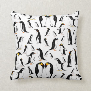 Penguins black and white pattern throw pillow